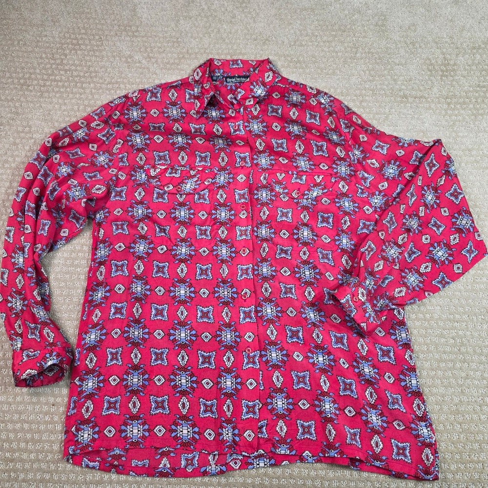 Daniel Hechter Silk Blouse Size 1X, 90s Hot Pink Geometric Tribal Long Sleeve
